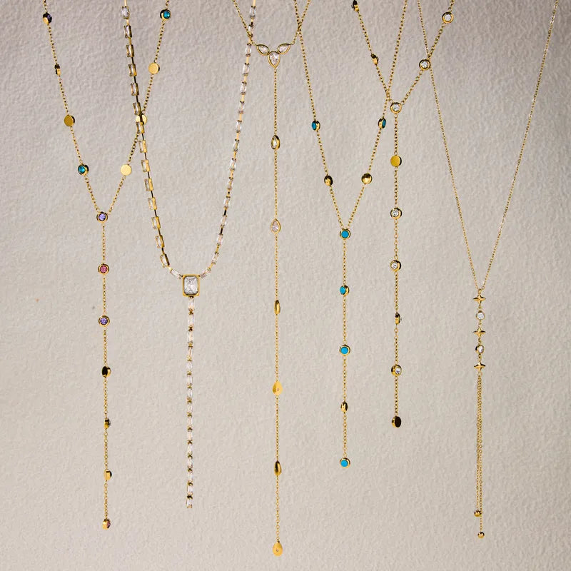 Classic 16K Gold Stainless Steel Zircon Four-Pointed Star Y Chain Necklace