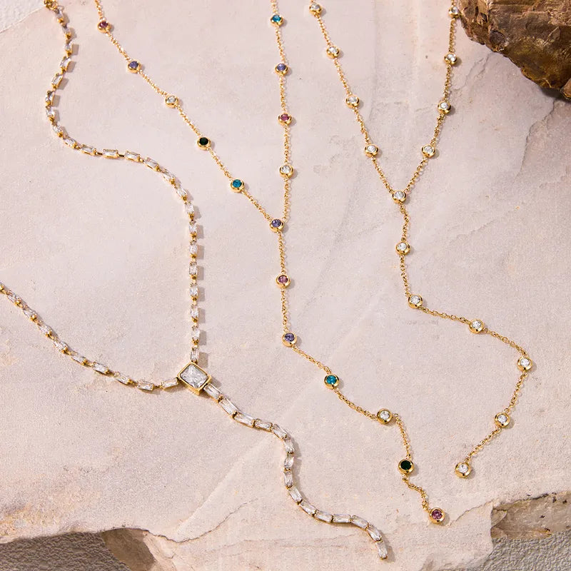 Classic 16K Gold Stainless Steel Zircon Four-Pointed Star Y Chain Necklace