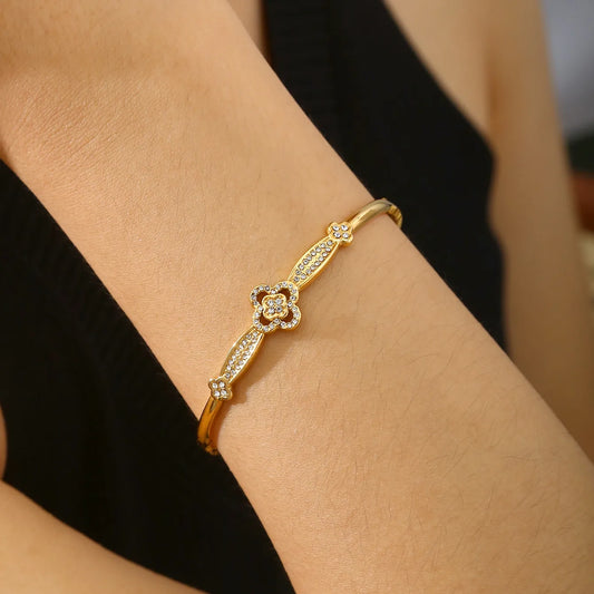 Four-Leaf Flower Zircon Stainless Steel 18K Gold Plated Bracelet