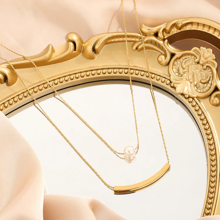 French Pearl Double Layer Titanium Steel 18K Gold Plated Necklace