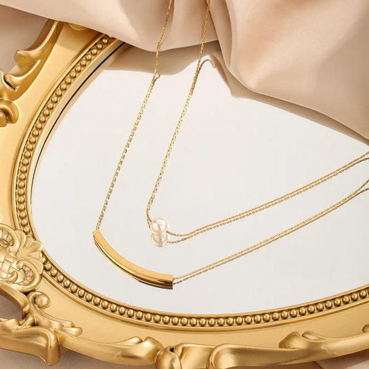 French Pearl Double Layer Titanium Steel 18K Gold Plated Necklace