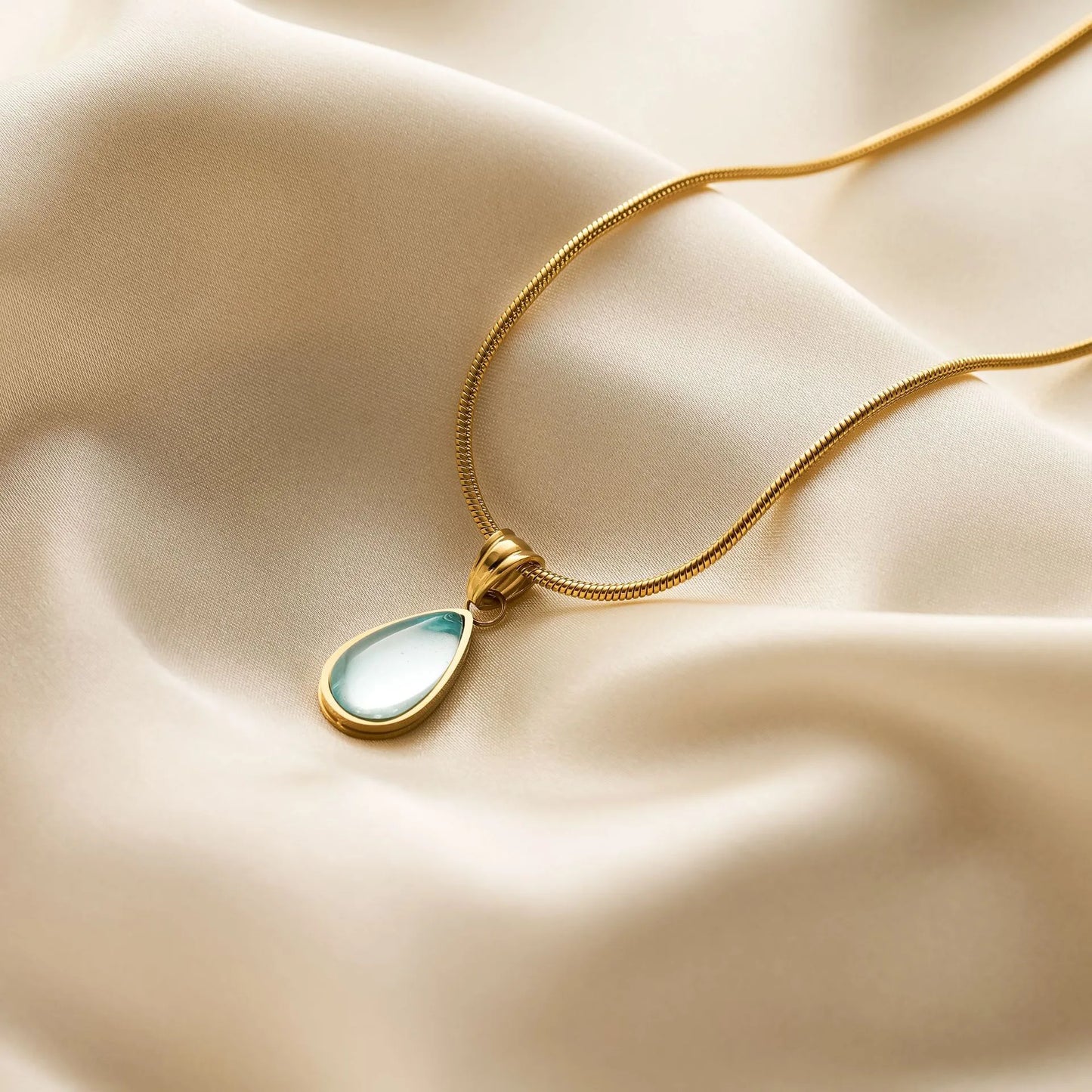 Water Drop Natural Stone Pendant 18K Gold Stainless Steel Blue Ocean Necklace