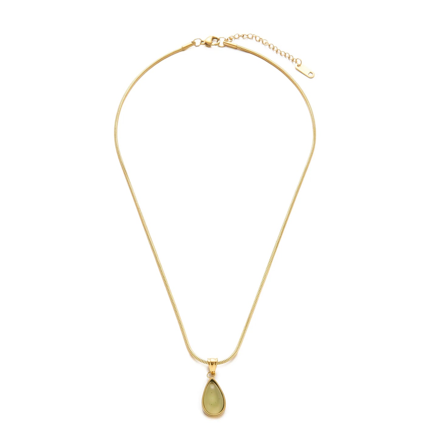 Green Titanium Steel Water Drop Natural Stone Pendant 18K Gold Stainless Steel Necklace