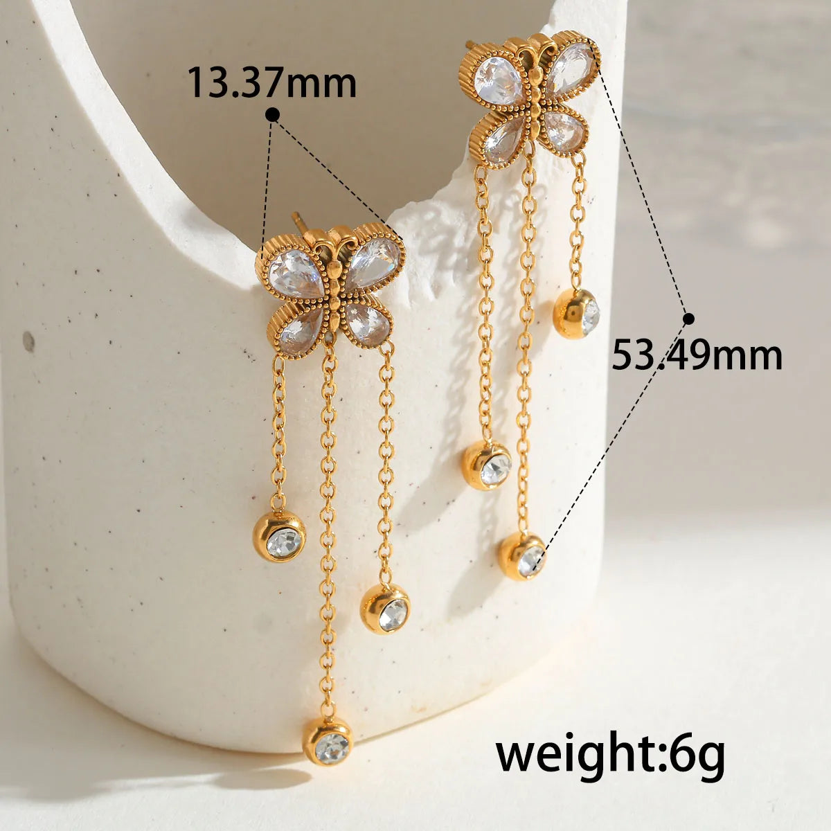 Butterfly Tassel 18K Gold Plated Zircon 304 Stainless Steel Stud Earring