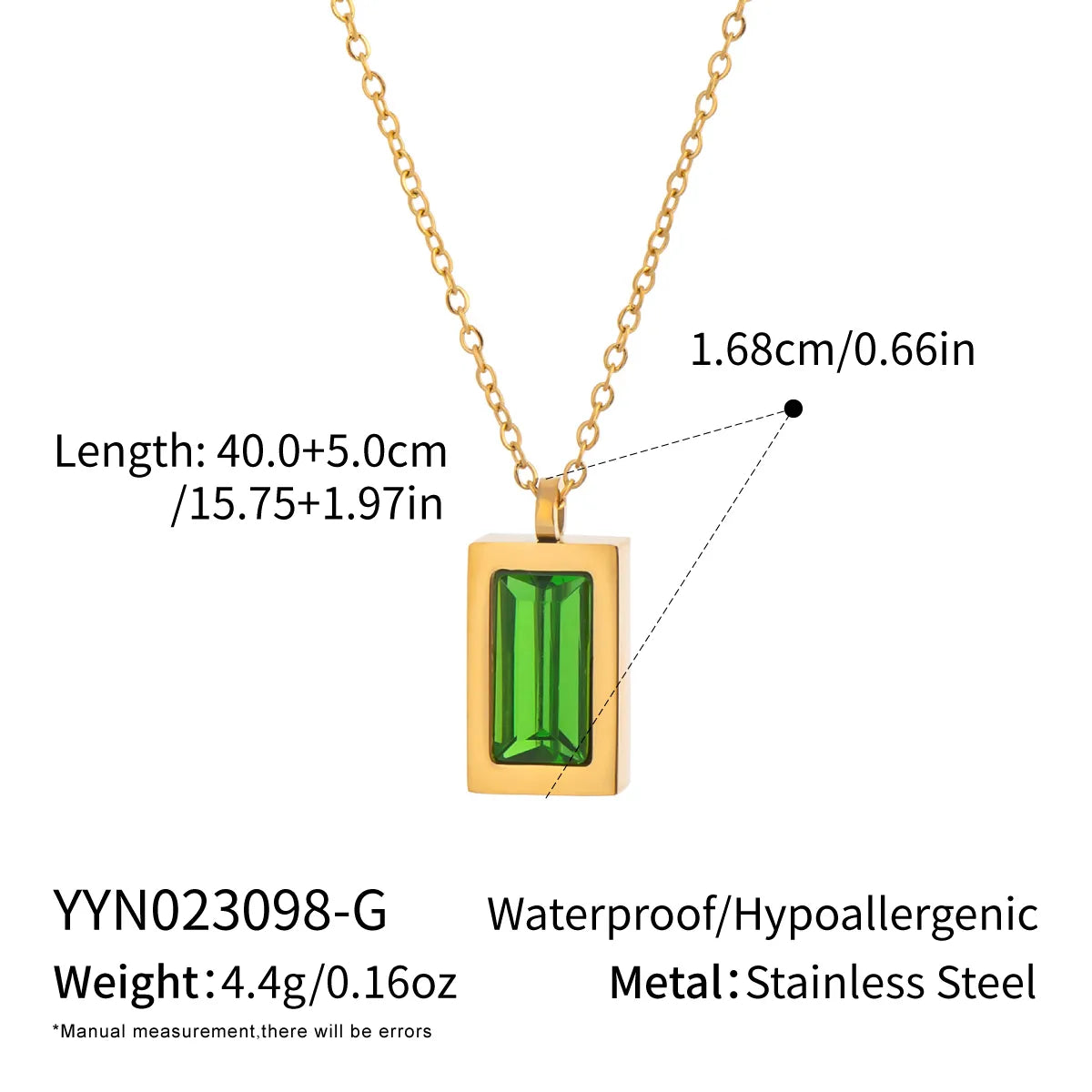 Rectangle 304 Stainless Steel 18K Gold Plated Polishing Plating Cable Chain Pendant Necklace