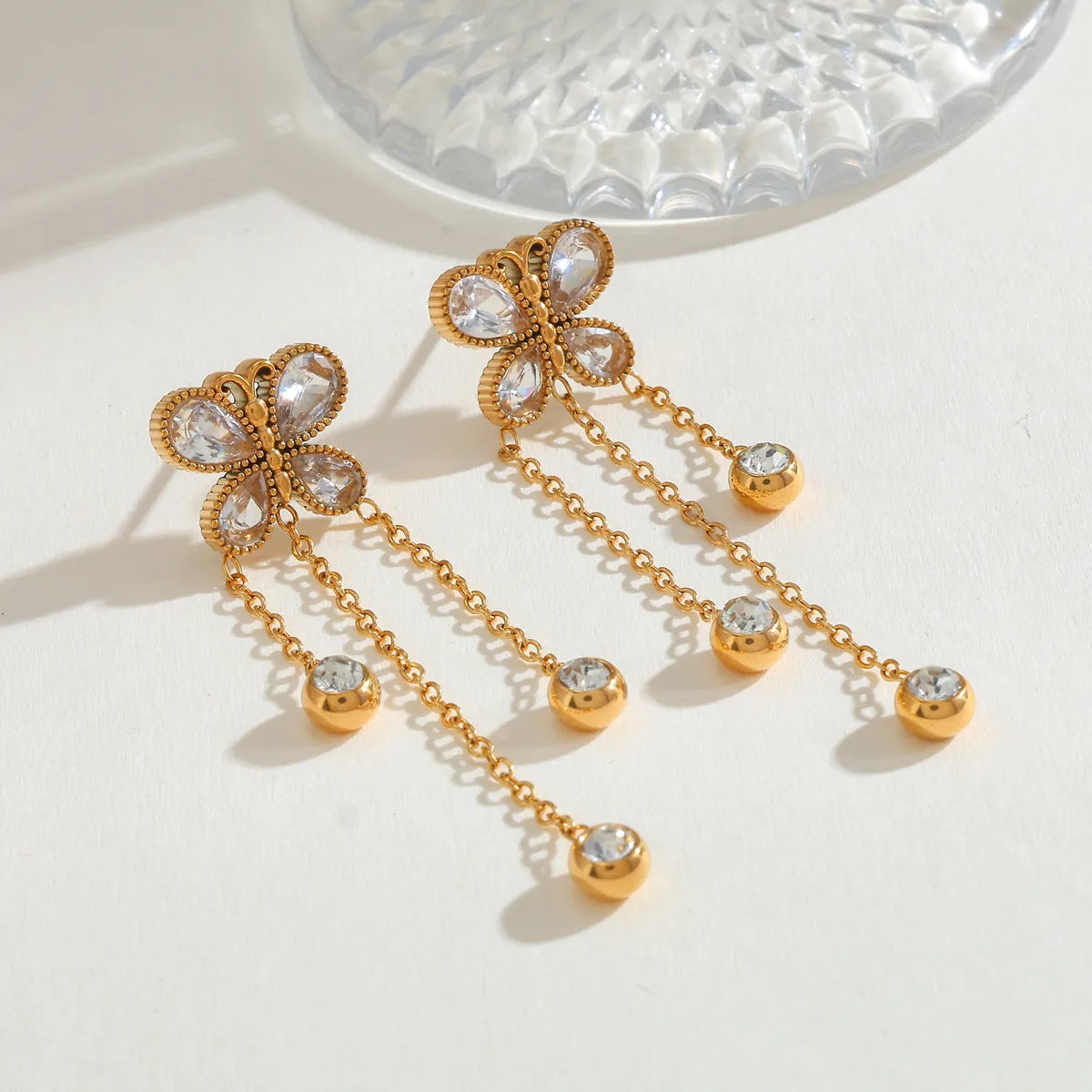 Butterfly Tassel 18K Gold Plated Zircon 304 Stainless Steel Stud Earring