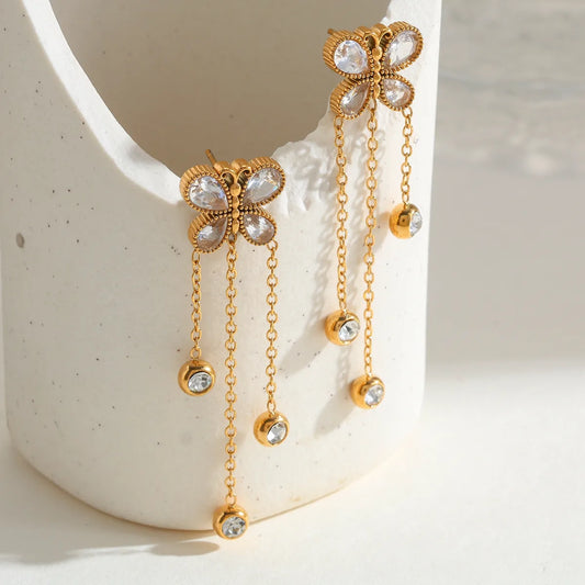 Butterfly Tassel 18K Gold Plated Zircon 304 Stainless Steel Stud Earring