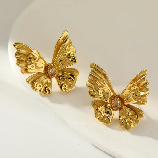 Zircon Butterfly Stainless Steel 18K Gold Plated Earrings