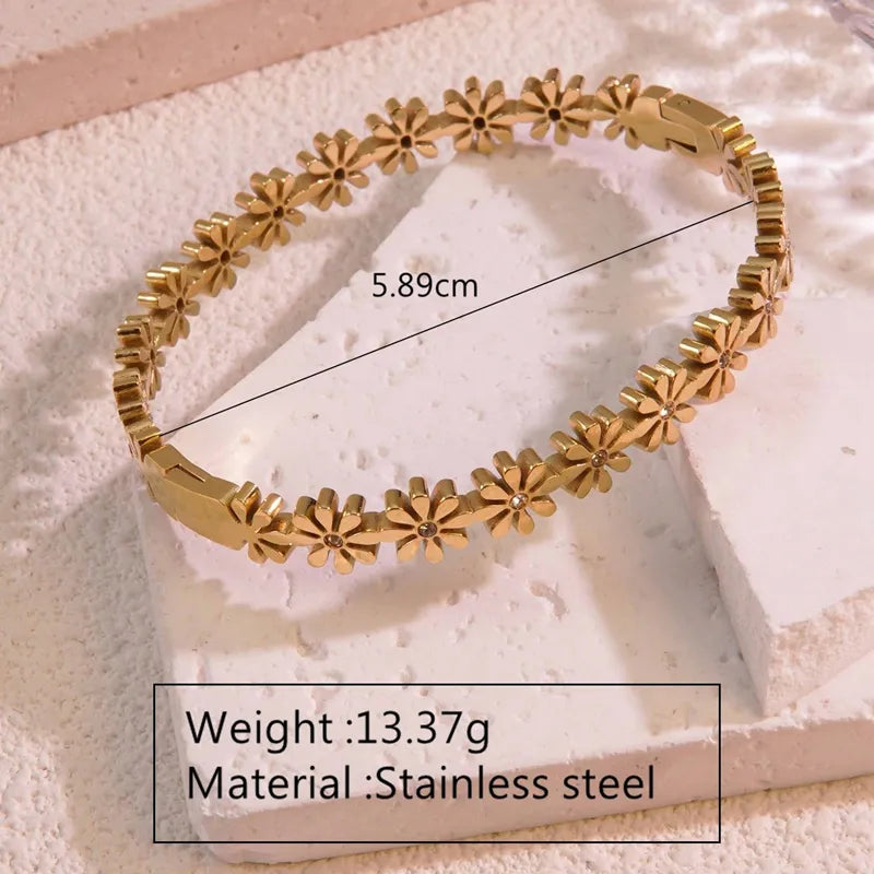 Flower Petal 304 Stainless Steel 18K Gold Plated Artificial Rhinestones Bangle