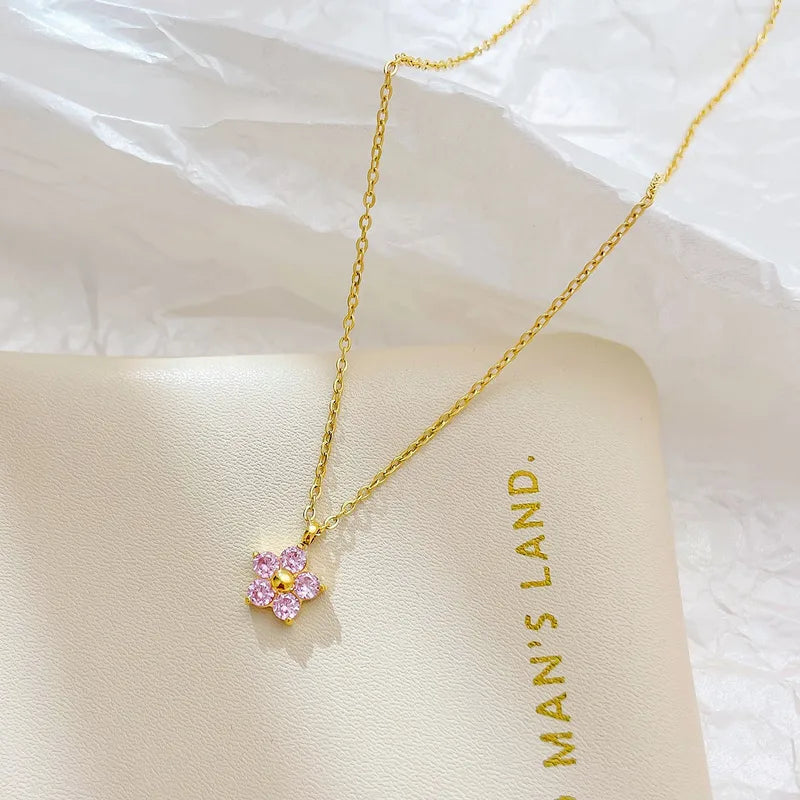 Pink Sweet Flower 304 Stainless Steel Artificial Crystal White Gold Plated Gold Plated Plating Inlay Pendant Necklace