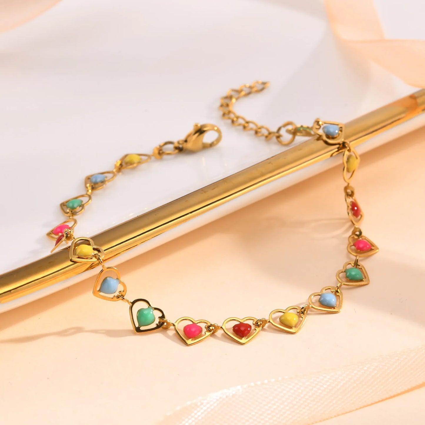 Multiple Colored Heart Shape Flower 201 Stainless Steel 18K Gold Plated Bracelet