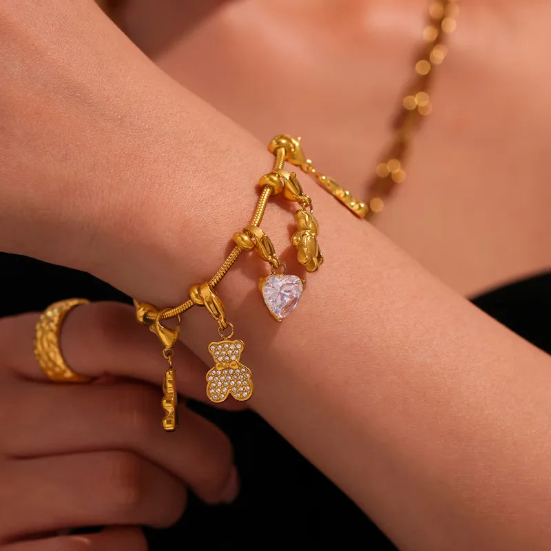 Teddy Heart 18K Gold Plated 304 Stainless Steel Charm Bracelet