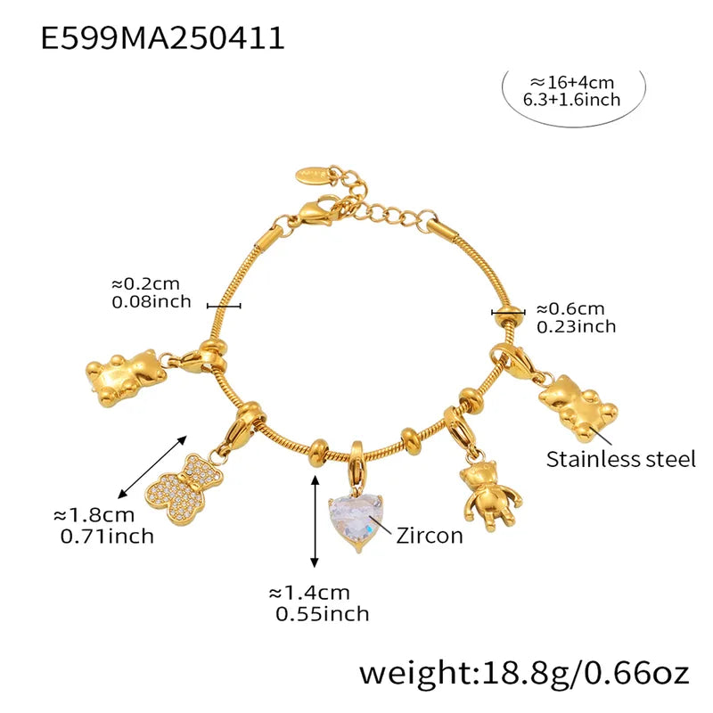 Teddy Heart 18K Gold Plated 304 Stainless Steel Charm Bracelet