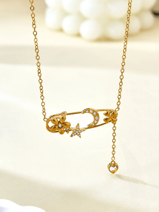 Star Four-leaf Moon Heart Zircon Stainless Steel 18k Gold Plated Necklace