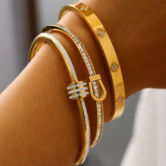 Luxury Design Stainless Steel 18K Gold Plated Zirconia Bracelet Set
