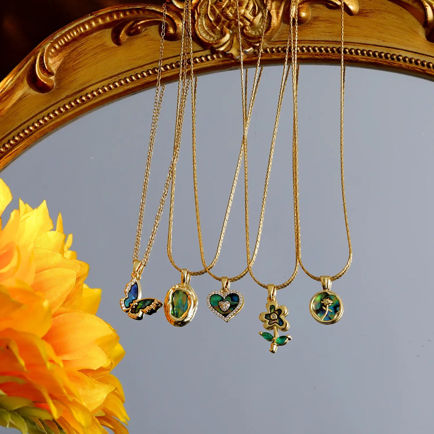 Heart Shape Flower Butterfly 304 Stainless Steel Zircon Abalone Shell 18K Gold Plated  Necklace