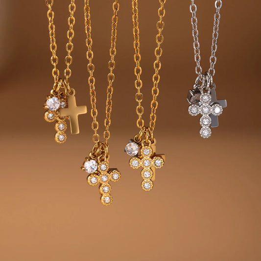 Shiny Geometry 304 Stainless Steel Imitation Diamond Zircon 18K Gold Plated PVD Coated Plating Inlay Chain Necklace