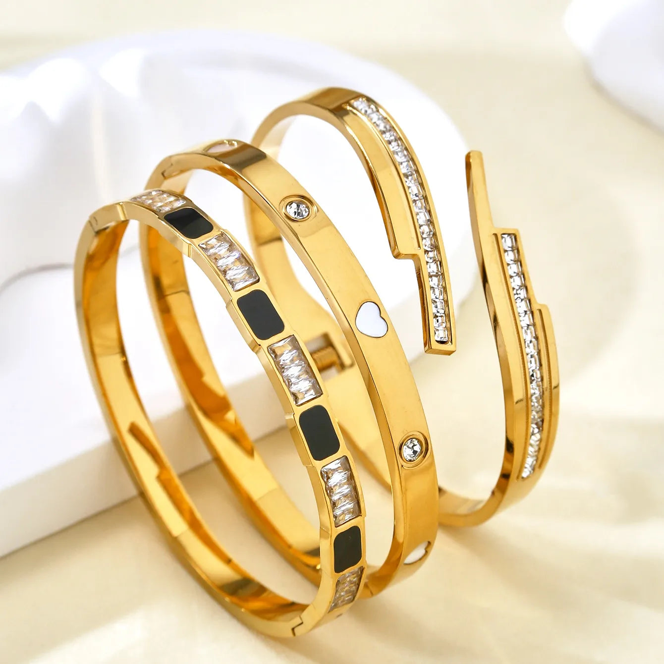 Patterned Zircon Stainless Steel 18K Gold Plated Bracelet Set