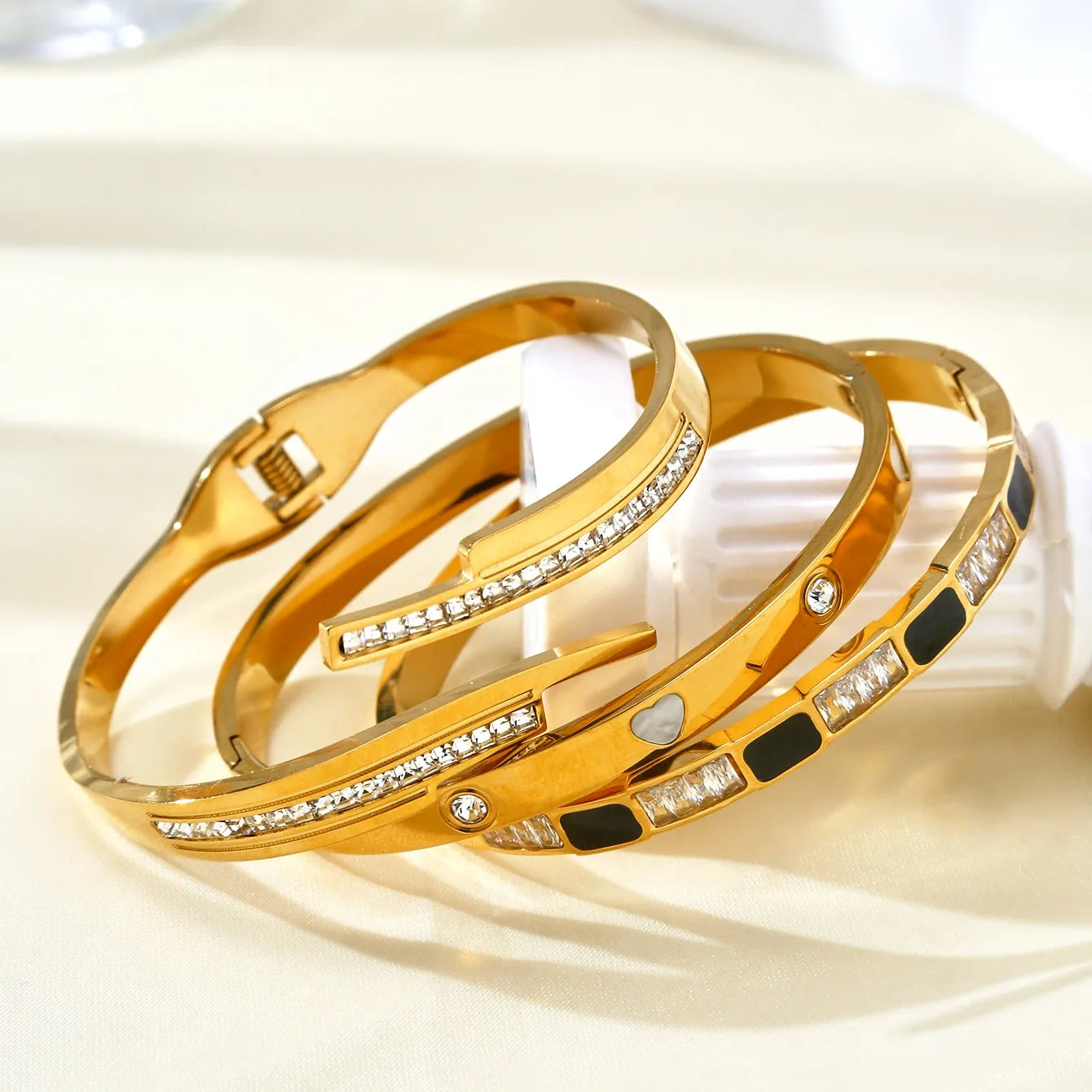 Patterned Zircon Stainless Steel 18K Gold Plated Bracelet Set