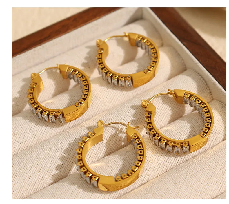 Vintage Style Geometric Polishing 304 Stainless Steel Zircon 18K Gold Plated Hoop Earrings