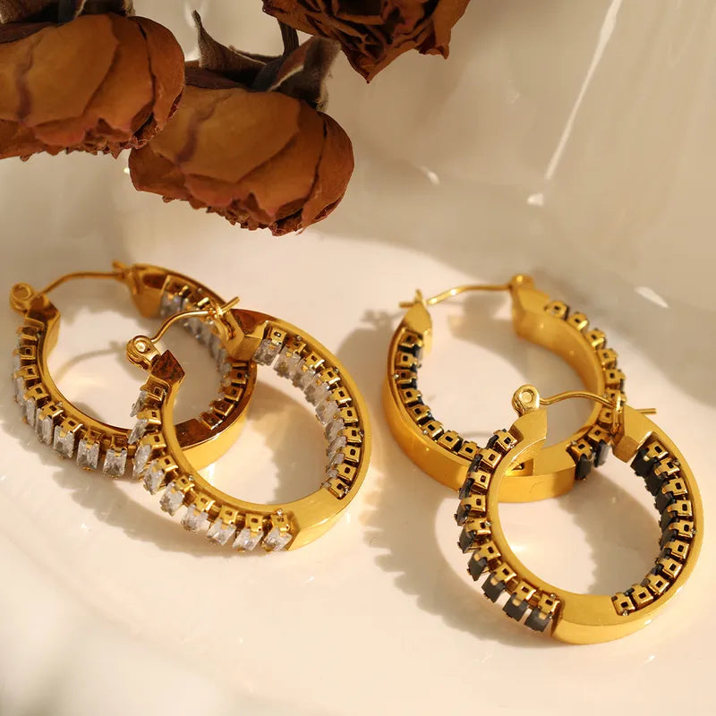 Vintage Style Geometric Polishing 304 Stainless Steel Zircon 18K Gold Plated Hoop Earrings