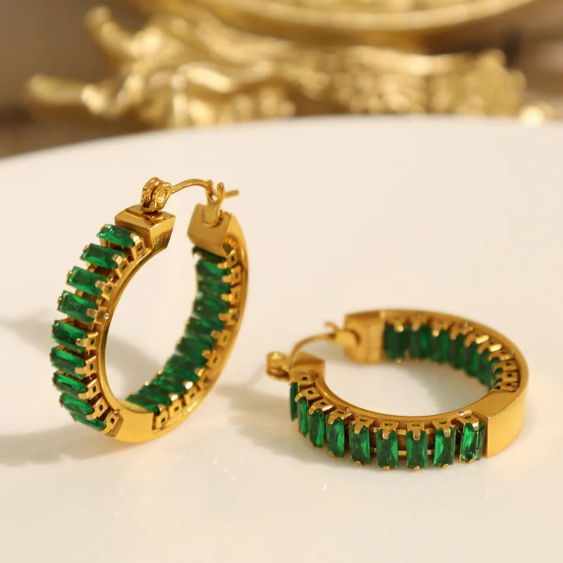 Vintage Style Geometric Polishing 304 Stainless Steel Zircon 18K Gold Plated Hoop Earrings