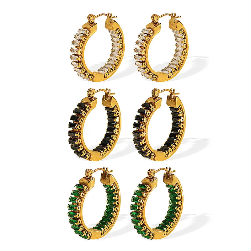 Vintage Style Geometric Polishing 304 Stainless Steel Zircon 18K Gold Plated Hoop Earrings