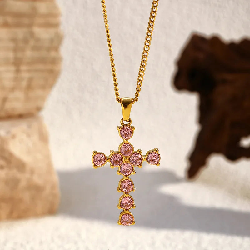 Heart Cross Zirconia 18K Gold Plated 304 Stainless Steel Necklace