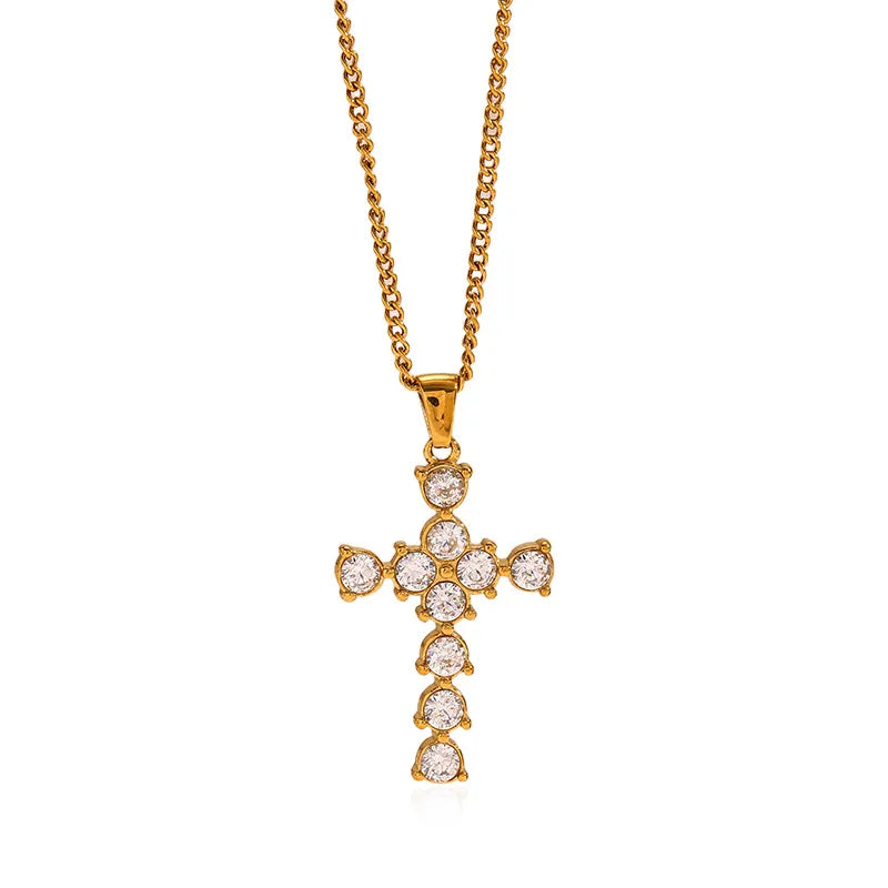Heart Cross Zirconia 18K Gold Plated 304 Stainless Steel Necklace