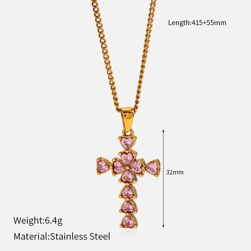 Heart Cross Zirconia 18K Gold Plated 304 Stainless Steel Necklace
