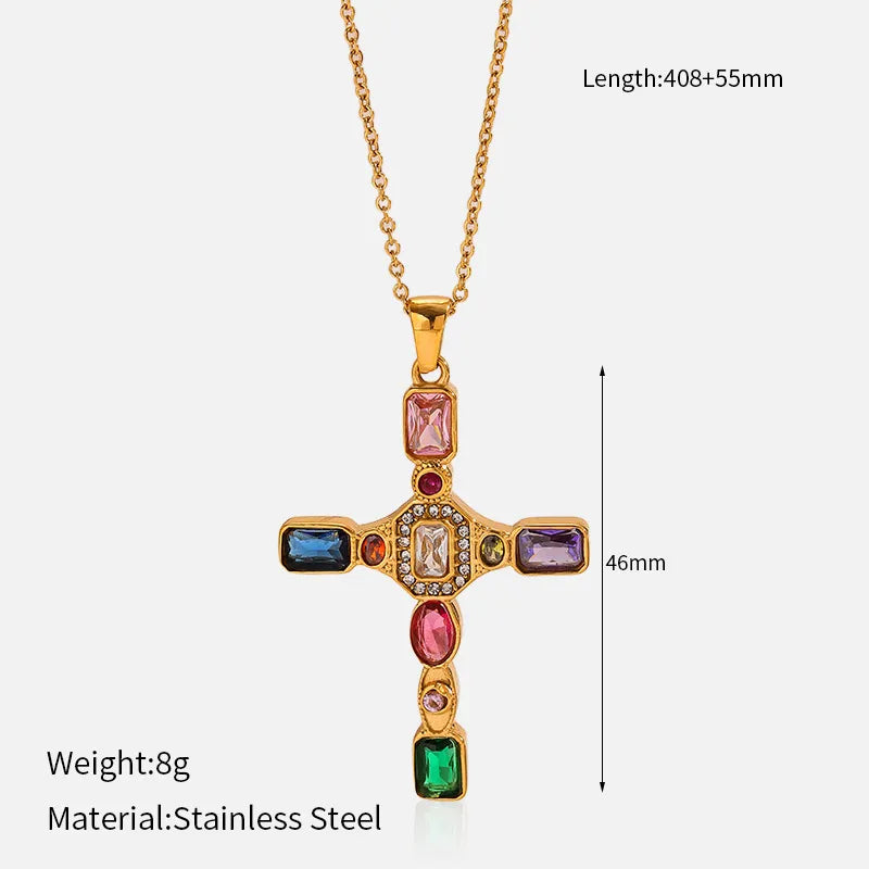 Heart Cross Zirconia 18K Gold Plated 304 Stainless Steel Necklace