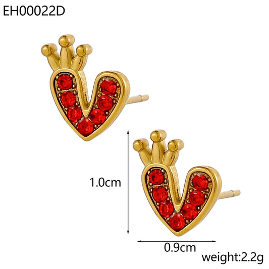 Red Zircon Crown 304 Stainless Steel Rhinestones Ear Studs