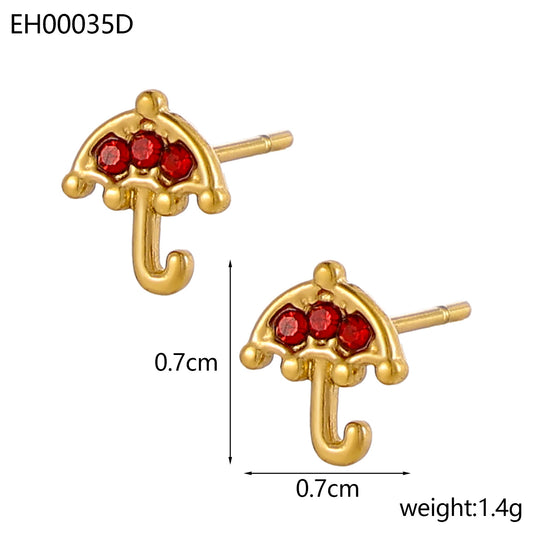 Umbrella Red Cubic Zirconia 304 Stainless Steel 18K Gold Plated Stud