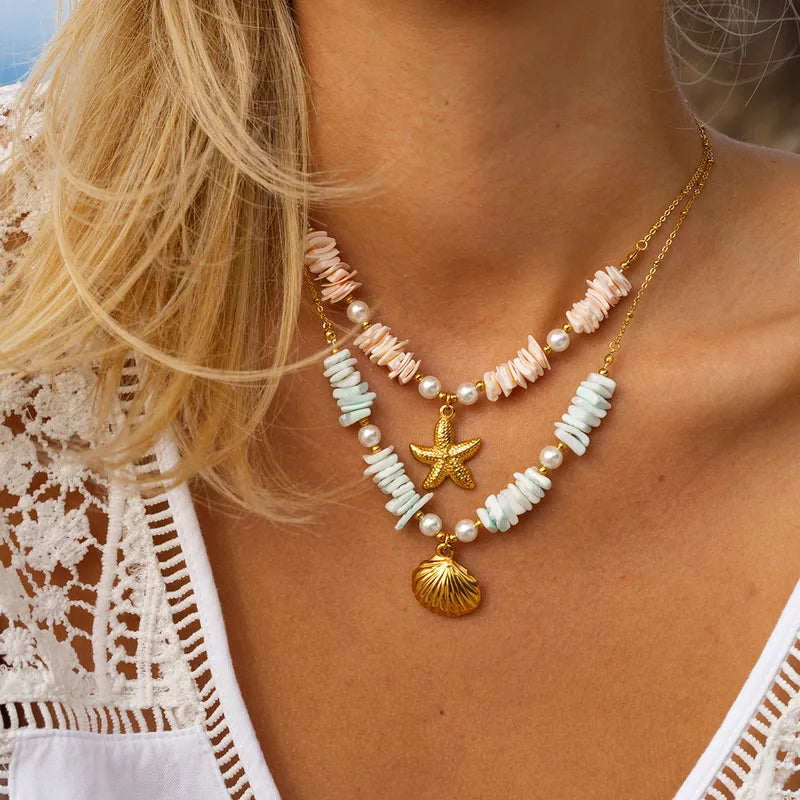 Star Fish Shell Pearl 18K Gold Plated 304 Stainless Steel Necklace
