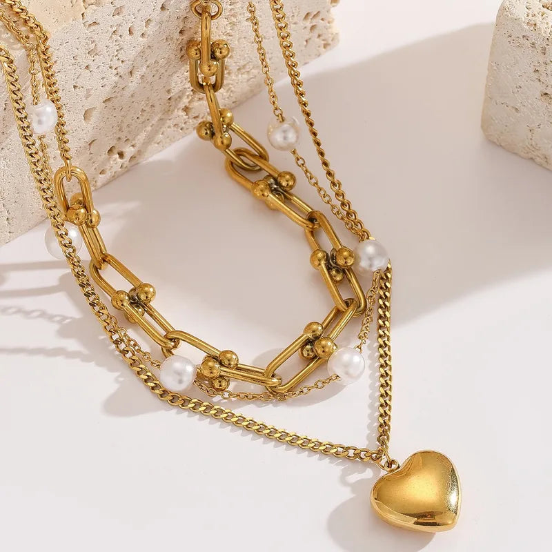 Heart Pearls Layered 18K Gold Plated 304 Stainless Steel Necklace