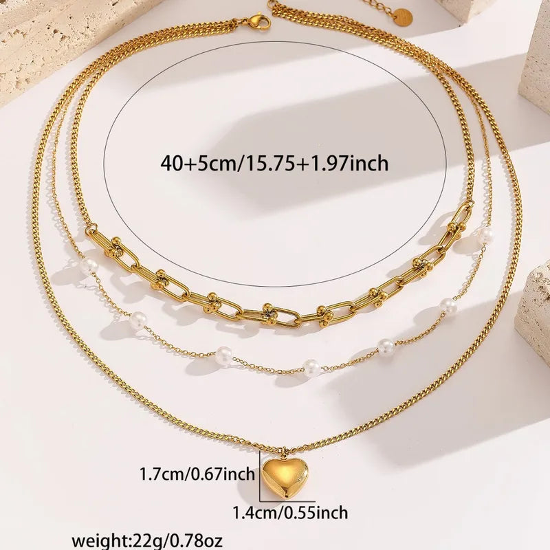 Heart Pearls Layered 18K Gold Plated 304 Stainless Steel Necklace