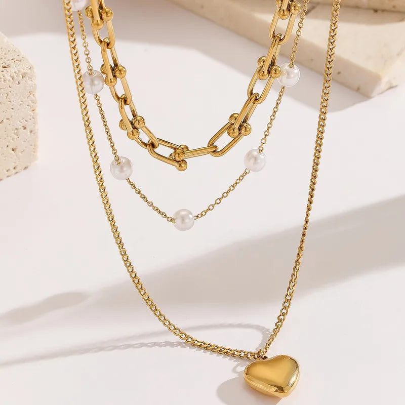 Heart Pearls Layered 18K Gold Plated 304 Stainless Steel Necklace