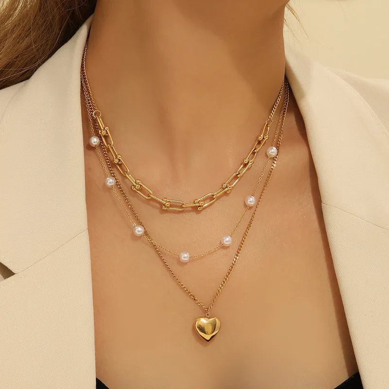 Heart Pearls Layered 18K Gold Plated 304 Stainless Steel Necklace