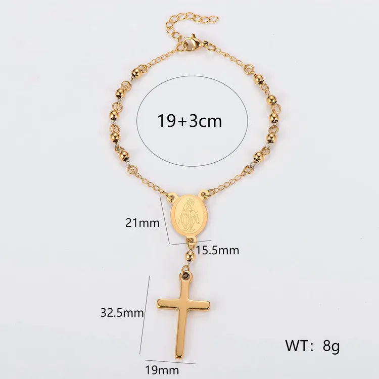 Rosary 18K Real Gold Plated Cross Pendant 304 Stainless Steel Bead Bracelet