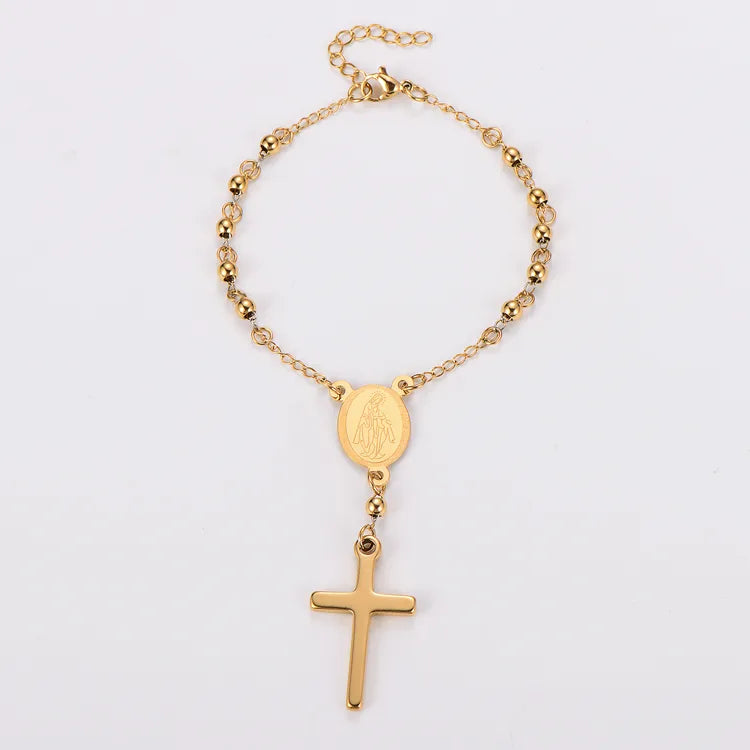 Rosary 18K Real Gold Plated Cross Pendant 304 Stainless Steel Bead Bracelet
