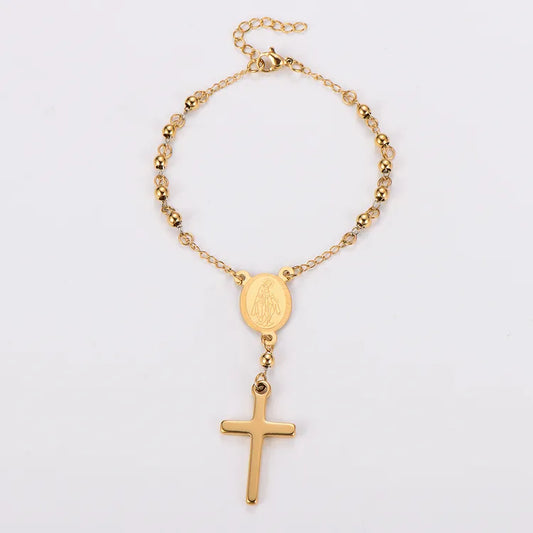 Rosary 18K Real Gold Plated Cross Pendant 304 Stainless Steel Bead Bracelet