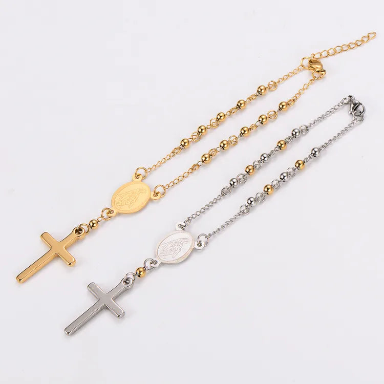 Rosary 18K Real Gold Plated Cross Pendant 304 Stainless Steel Bead Bracelet