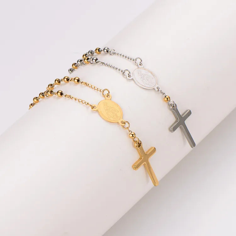 Rosary 18K Real Gold Plated Cross Pendant 304 Stainless Steel Bead Bracelet