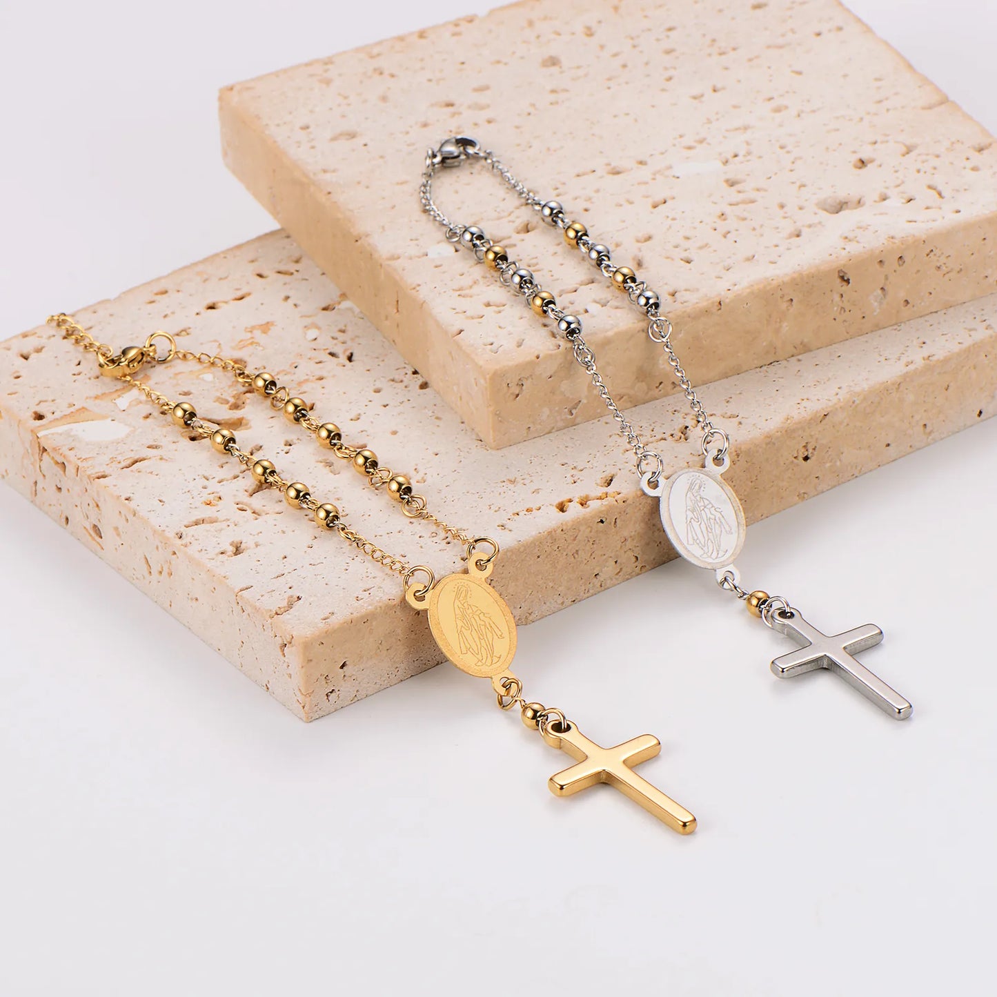 Rosary 18K Real Gold Plated Cross Pendant 304 Stainless Steel Bead Bracelet