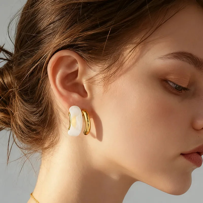 Off White Resin 304 Stainless Steel 18K Gold Plated Vintage Earrings