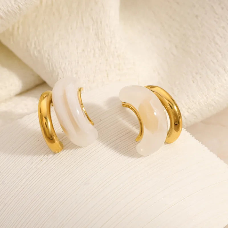 Off White Resin 304 Stainless Steel 18K Gold Plated Vintage Earrings
