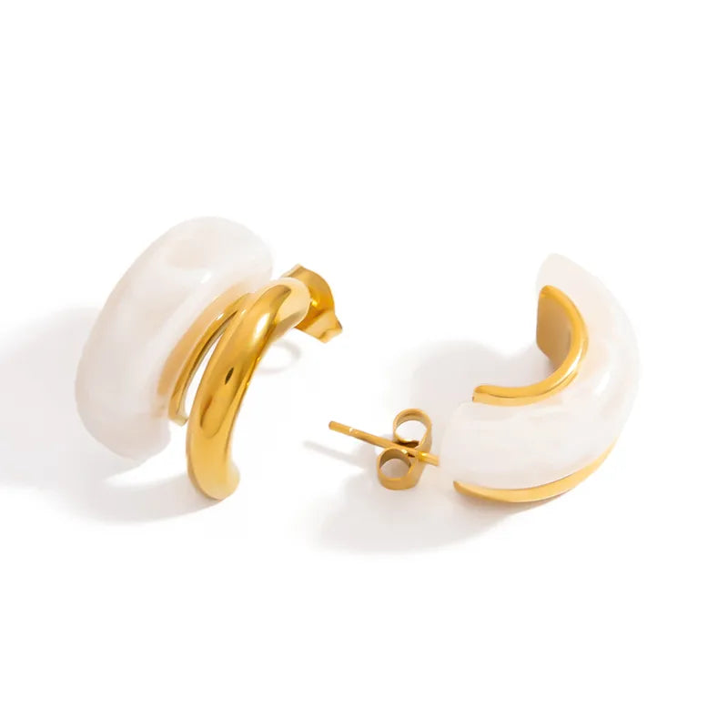 Off White Resin 304 Stainless Steel 18K Gold Plated Vintage Earrings