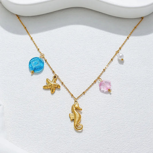 Seahorse Charm Gems 18K Gold Plated 304 Stainless Steel Necklace