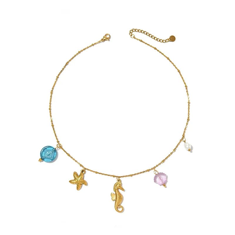 Seahorse Charm Gems 18K Gold Plated 304 Stainless Steel Necklace