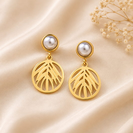 Pearl Figures Hollow Titanium Steel Pearl Gold Plated Drop Earrings